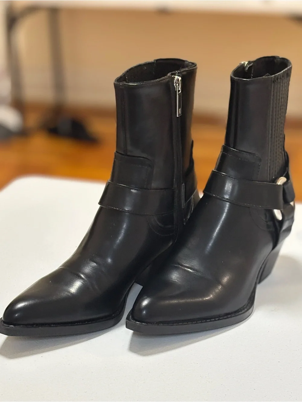 Zara Black Leather Ankle Boots with Silver Ring Detail